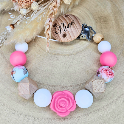 Schnullerkette-Rose mit Clip Gravur - LovelyMoments