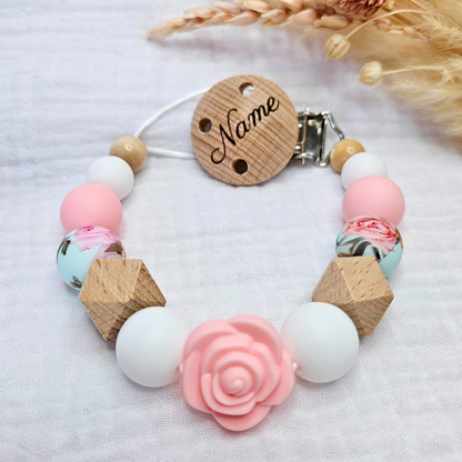 Schnullerkette-Rose mit Clip Gravur - LovelyMoments