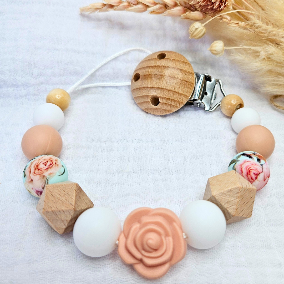 Schnullerkette-Rose mit Clip Gravur - LovelyMoments
