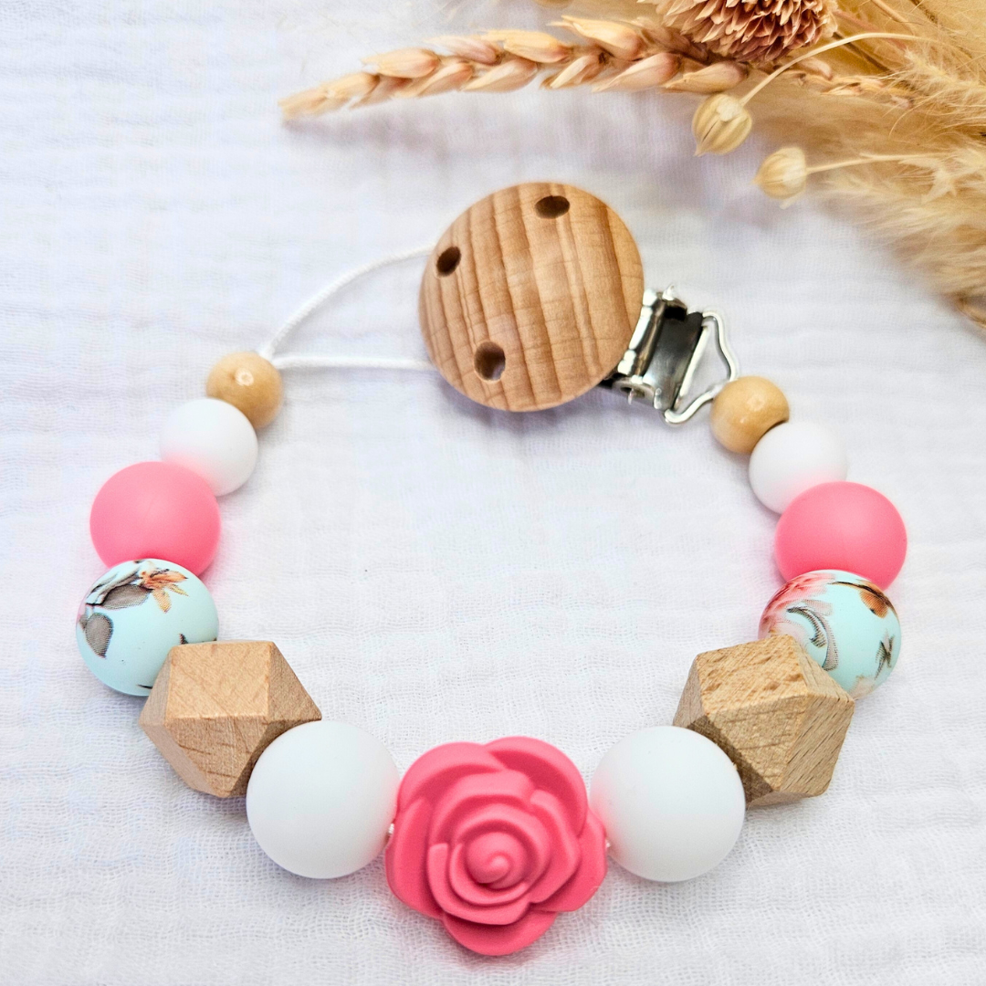 Schnullerkette-Rose mit Clip Gravur - LovelyMoments